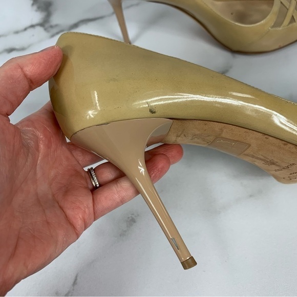 Jimmy Choo Maven Beige Tan Patent Mesh Crisscross Peep Toe Pumps 39.5 - Picture 7 of 13
